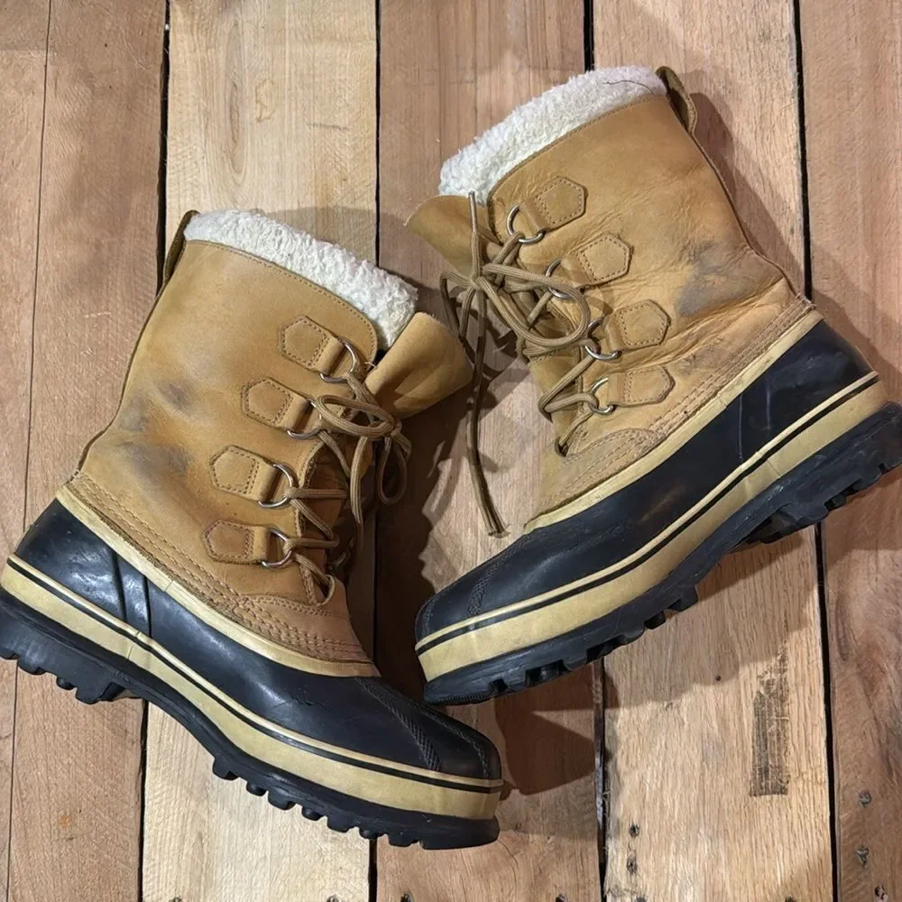 Sorel Caribou Buff Tan Black Waterproof Lace Up Boots B94‎